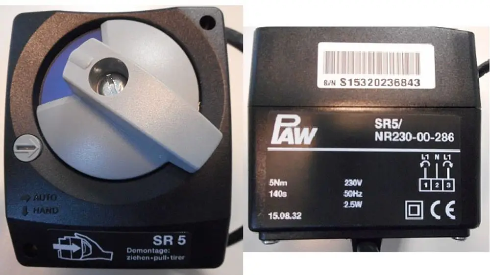 Stellmotor von Remeha mit Hand- und Automatikbetrieb. Anzeigen für L1, N, und anschlussfertige Anschlussleitungen sind sichtbar. Technische Details auf der Rückseite.